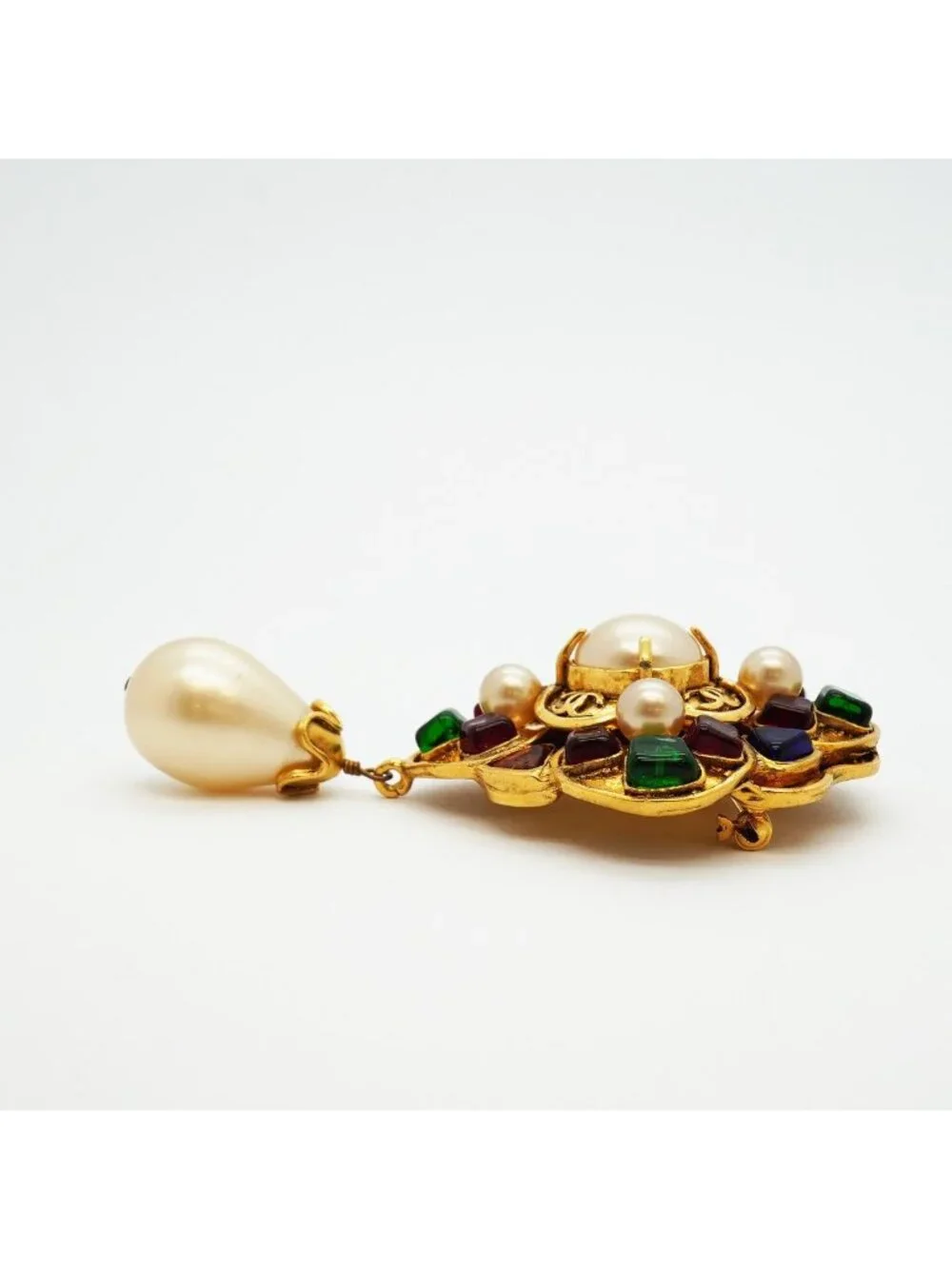 Chanel Brooch Vintage CC Logo Gold Plated Faux Pearl Gripoix Multicolor